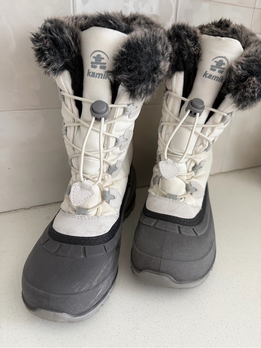 Kamik White and Gray Faux Fur Winter Boots with Black Soles